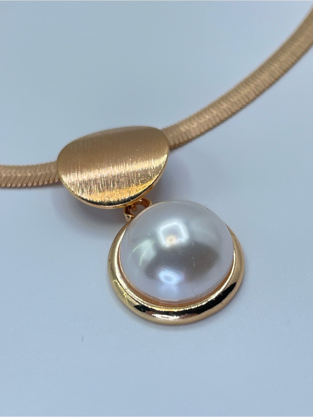 Gold Herringbone Faux Pearl Pendant Necklace Modern Minimalist Glam Elegant - Picture 4 of 5